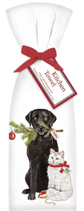 Black Lab with Cat Christmas Kitchen Towel